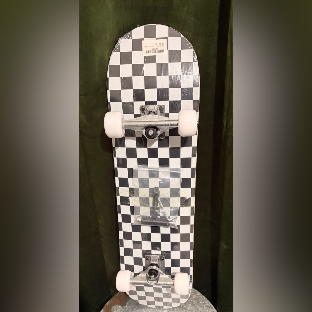 Checkered Skateboard with White Wheels